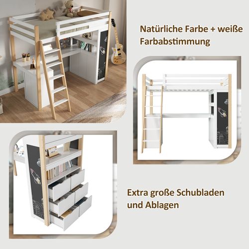 Lit Mezzanine Mdf 90x200 Cm Avec Bureau Étagère Tiroir Ardoise Grande Armoire Blanc Naturel