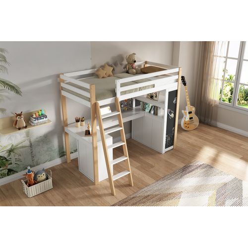 Lit Mezzanine Mdf 90x200 Cm Avec Bureau Étagère Tiroir Ardoise Grande Armoire Blanc Naturel