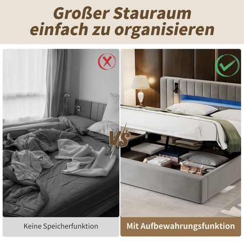 Lit Plateforme 180 X 200 Cm En Velours Avec Rangement, Éclairage LED, Gris