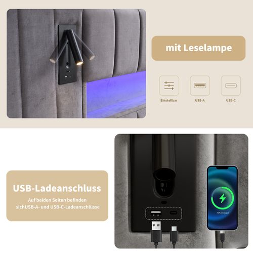 Lit Plateforme 180 X 200 Cm En Velours Avec Rangement, Éclairage LED, Gris