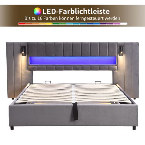 Lit Plateforme 180 X 200 Cm En Velours Avec Rangement, Éclairage LED, Gris