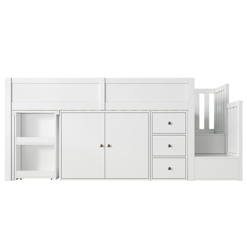 Lit Mezzanine MDF 90x200 cm Avec Bureau Coulissant Étagère Tiroirs Escalier Armoire Blanc