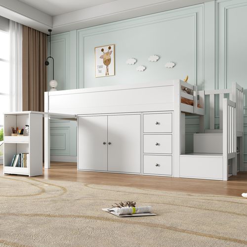 Lit Mezzanine MDF 90x200 cm Avec Bureau Coulissant Étagère Tiroirs Escalier Armoire Blanc