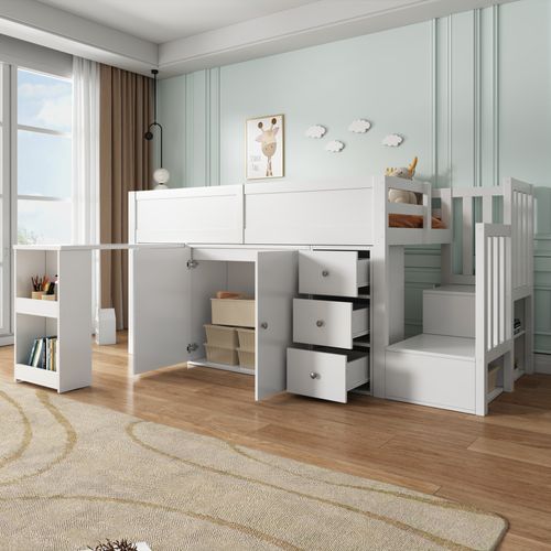 Lit Mezzanine MDF 90x200 cm Avec Bureau Coulissant Étagère Tiroirs Escalier Armoire Blanc
