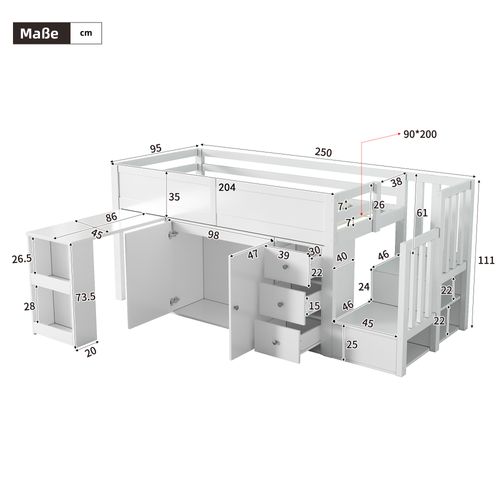 Lit Mezzanine MDF 90x200 cm Avec Bureau Coulissant Étagère Tiroirs Escalier Armoire Blanc