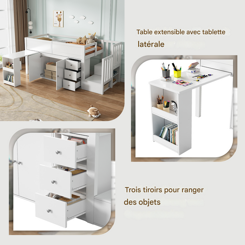 Lit Mezzanine MDF 90x200 cm Avec Bureau Coulissant Étagère Tiroirs Escalier Armoire Blanc