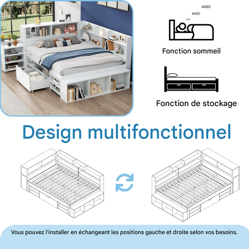 Lit Enfant 140 X 200 Cm En Bois Multifonctionnel Avec Tiroirs, Étagère Et Meuble De Rangement, Blanc