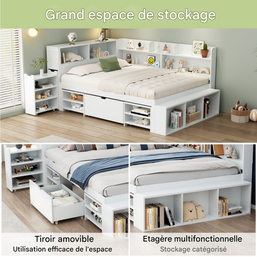 Lit Enfant 140 X 200 Cm En Bois Multifonctionnel Avec Tiroirs, Étagère Et Meuble De Rangement, Blanc