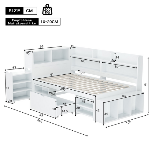 Lit Enfant 90*200 Cm En Bois Multifonction Avec Tiroirs, Étagère Et Rangement, Blanc