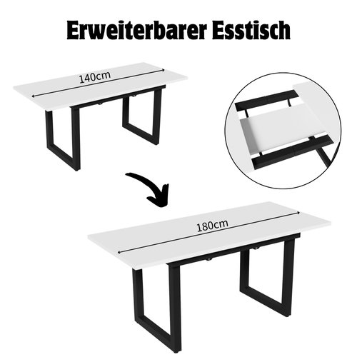 Table Extensible 140/180x80x75 Cm, Style Industriel, Multifonction, Mdf, Blanc+noir