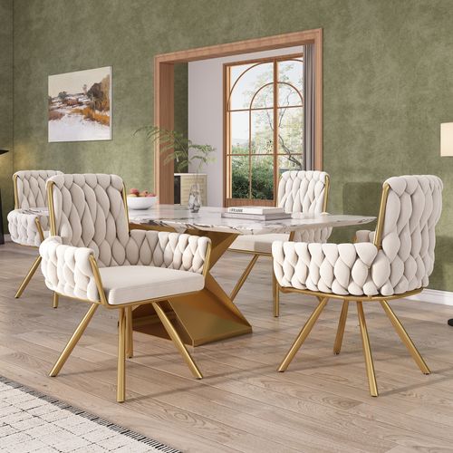 Chaises Salle à Manger Velours Et Métal 6 Pièces Fauteuil Pivotant, Style Luxe,  Beige