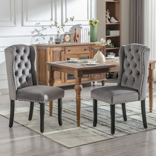 Chaises Salle à Manger Velours Et Bois 2 Pièces Dossier Bouton, Clous Décoratifs,  Gris