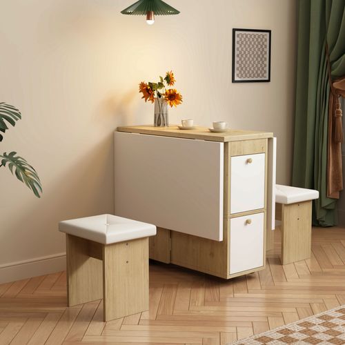 Ensemble Table Pliante Mdf Blanc Chêne 5 Pièces 120×80×75 Cm Extensible Avec 4 Chaises