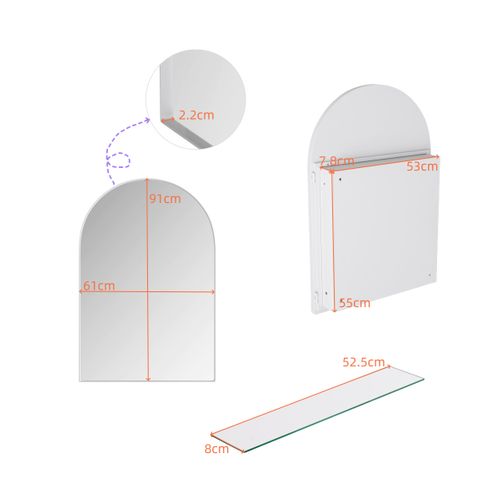 Armoire Miroir Arquée Encastrée Avec Étagères Réglables Et Cadre Métal, Blanc