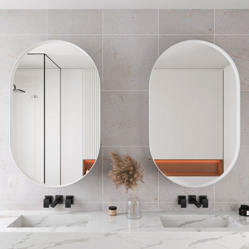 Armoire Miroir Ovale Encastrée Avec Étagères Réglables Et Cadre Métal, Blanc