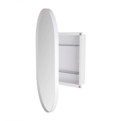 Armoire Miroir Ovale Encastrée Avec Étagères Réglables Et Cadre Métal, Blanc
