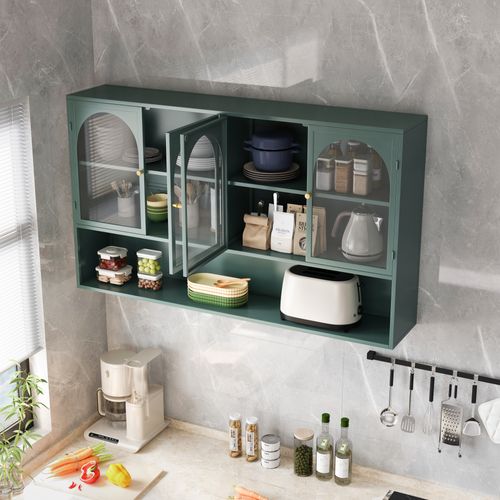 Armoire Murale En Verre à Quatre Portes, Rangement, Adaptée Pour Cuisine,salle De Bain, Vert Foncé