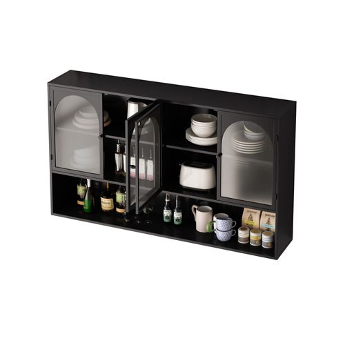 Armoire Murale En Verre à Quatre Portes, De Rangement, Pour Cuisine, Salon, Salle De Bain, Noir