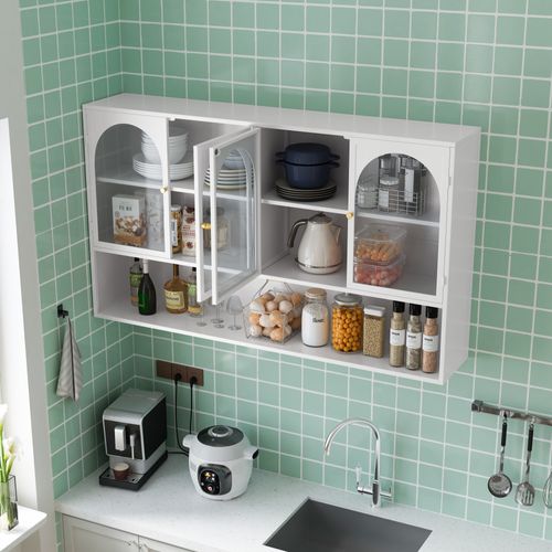 Armoire Murale En Verre à 4 Portes Stockage, Adaptée Pour Cuisine, Salon, Salle De Bain, Blanche