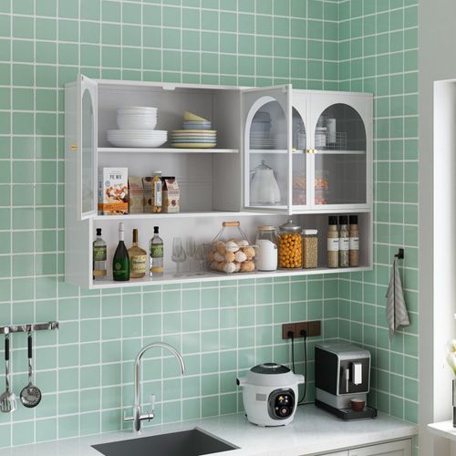 Armoire Murale En Verre à 4 Portes Stockage, Adaptée Pour Cuisine, Salon, Salle De Bain, Blanche