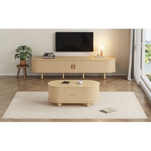 Meuble TV Mdf Avec Rangement Et Table Basse Assortie Ovale, Bois Naturel