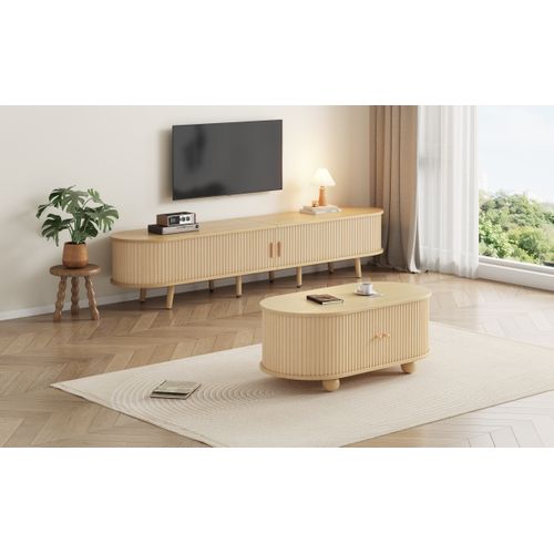Meuble TV Mdf Avec Rangement Et Table Basse Assortie Ovale, Bois Naturel
