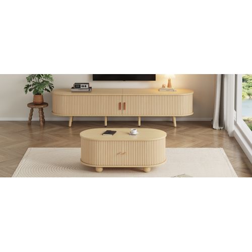 Meuble TV Mdf Avec Rangement Et Table Basse Assortie Ovale, Bois Naturel