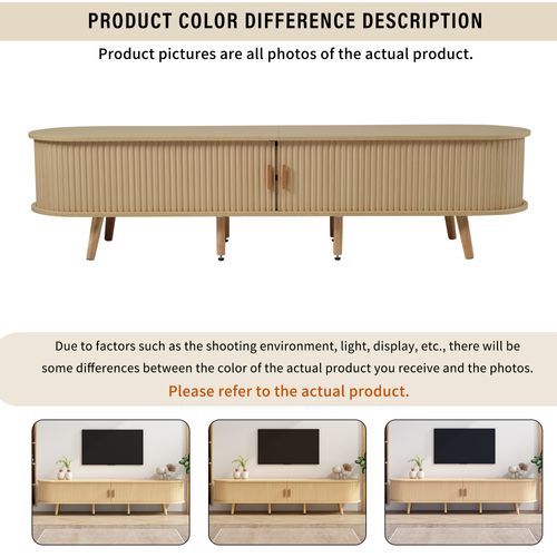 Meuble TV Mdf 175x40x42cm Avec 2 Tiroirs Et Table Ronde Assortie, Bois Clair