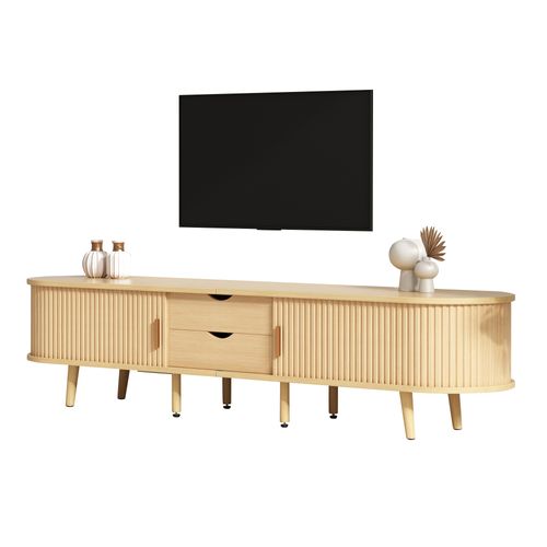 Meuble TV Mdf 175x40x42cm Avec 2 Tiroirs Et Table Ronde Assortie, Bois Clair