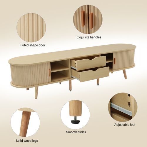 Meuble TV Mdf 175x40x42cm Avec 2 Tiroirs Et Table Ronde Assortie, Bois Clair