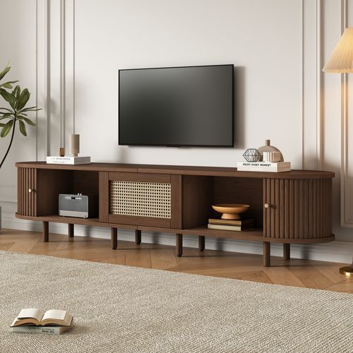 Meuble TV Mdf 180cm Style Rotin Pieds Réglables, Noyer Foncé