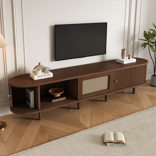 Meuble TV Mdf 180cm Style Rotin Pieds Réglables, Noyer Foncé
