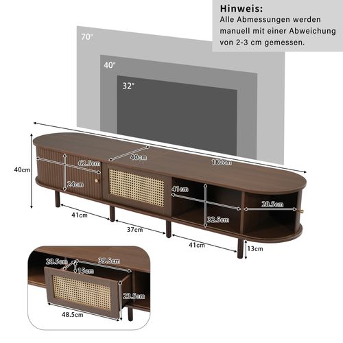 Meuble TV Mdf 180cm Style Rotin Pieds Réglables, Noyer Foncé