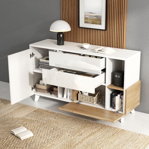 Buffet Moderne En Bois Avec Rangement, Buffet De Salle à Manger, Blanc Brillant