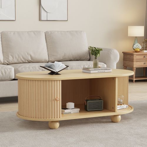 Table Basse Ovale Avec Rangements Et Portes Coulissantes, Gain De Place, Finition Bois