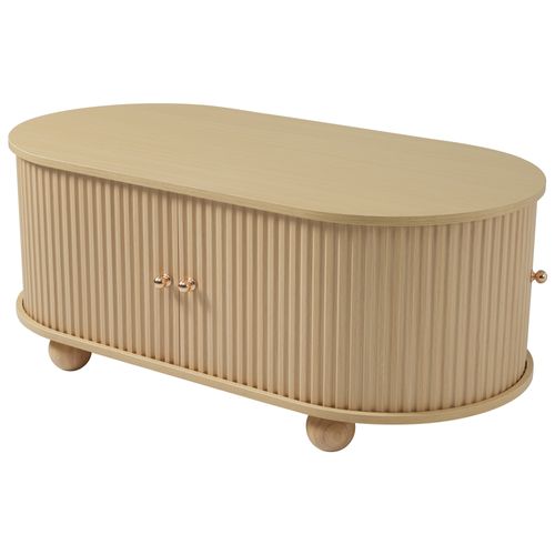 Table Basse Ovale Avec Rangements Et Portes Coulissantes, Gain De Place, Finition Bois