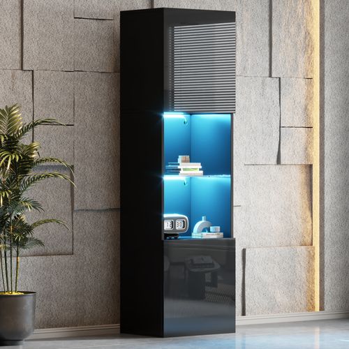 Vitrine Noire Laquée, LED, Étagère En Verre, H160cm×l45cm×p35cm, Pour Salon Et Bureau
