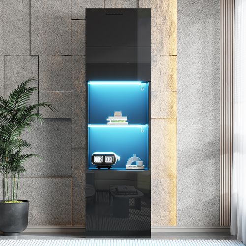 Vitrine Noire Laquée, LED, Étagère En Verre, H160cm×l45cm×p35cm, Pour Salon Et Bureau