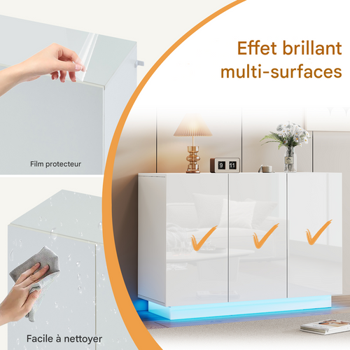 Buffet blanc haute brillance avec LED, portes et étagères modulables, 120 x 40 x 75 cm