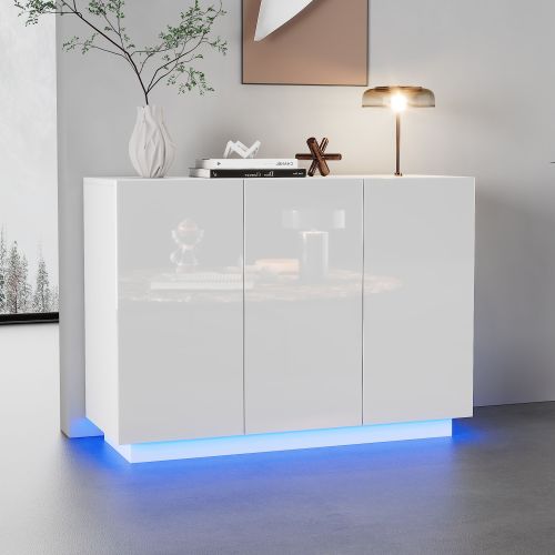 Buffet blanc haute brillance avec LED, portes et étagères modulables, 120 x 40 x 75 cm