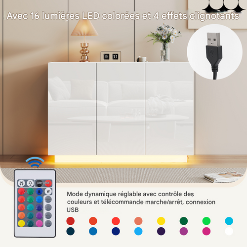 Buffet blanc haute brillance avec LED, portes et étagères modulables, 120 x 40 x 75 cm