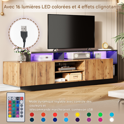 Meuble TV 190 cm avec LED et rangement pour téléviseur jusqu’à 70 pouces, cadre noir, bois naturel