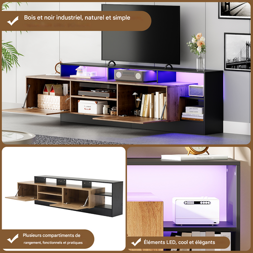 Meuble TV 190 cm avec LED et rangement pour téléviseur jusqu’à 70 pouces, cadre noir, bois naturel