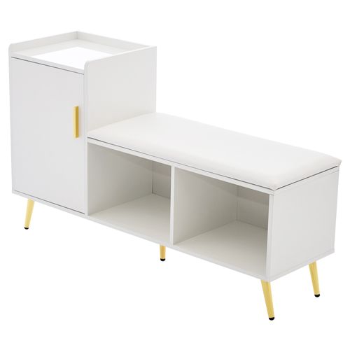 Meuble à Chaussures En Aggloméré Blanc Brillant Avec Rangement, Banc Rembourré