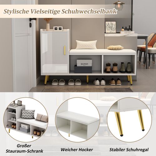 Meuble à Chaussures En Aggloméré Blanc Brillant Avec Rangement, Banc Rembourré