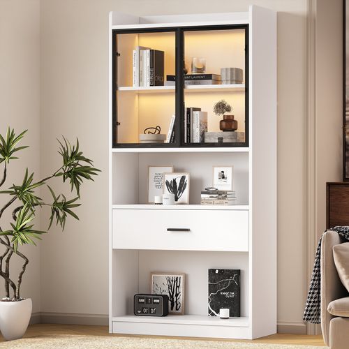 Vitrine Curio LED, Étagères Avec Portes En Verre, H160cm×l45cm×p35cm, Blanc, Noir