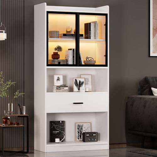 Vitrine Curio LED, Étagères Avec Portes En Verre, H160cm×l45cm×p35cm, Blanc, Noir