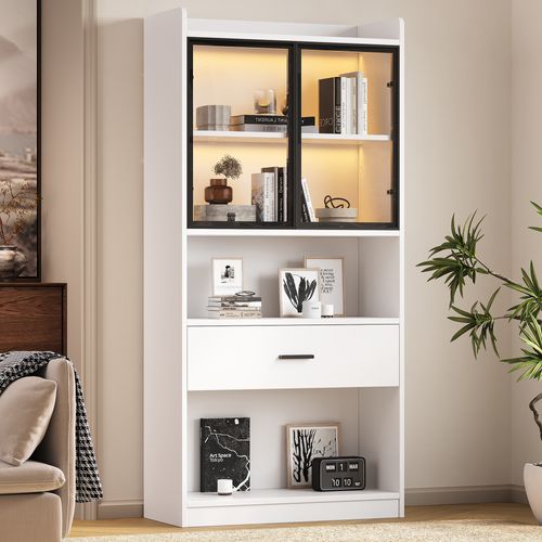 Vitrine Curio LED, Étagères Avec Portes En Verre, H160cm×l45cm×p35cm, Blanc, Noir
