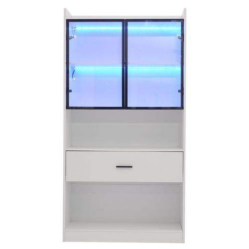 Vitrine Curio LED, Étagères Avec Portes En Verre, H160cm×l45cm×p35cm, Blanc, Noir