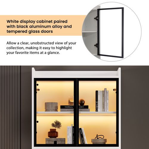Vitrine Curio LED, Étagères Avec Portes En Verre, H160cm×l45cm×p35cm, Blanc, Noir